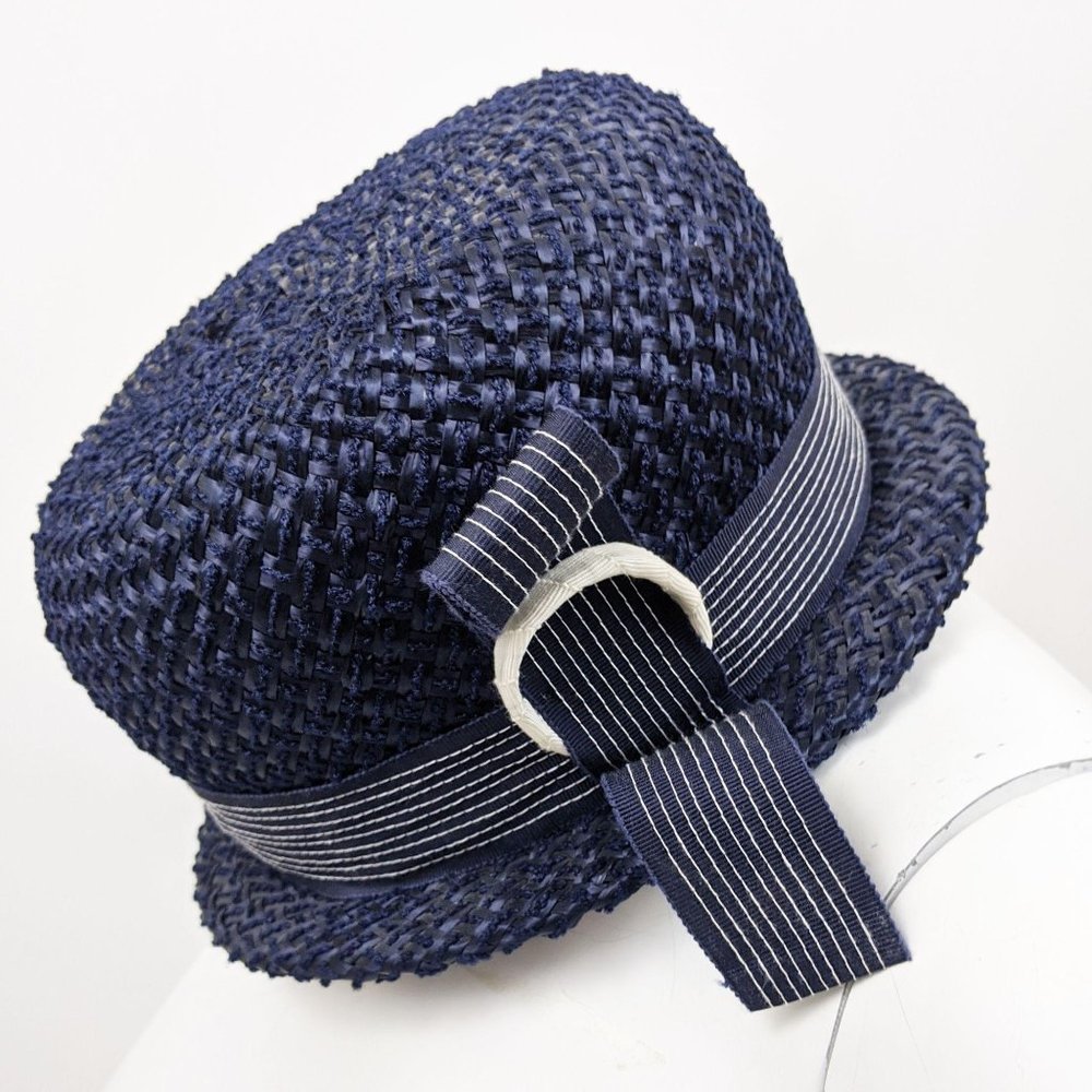 Vintage 1950s 1960s Straw Fedora Flat Top Hat blue